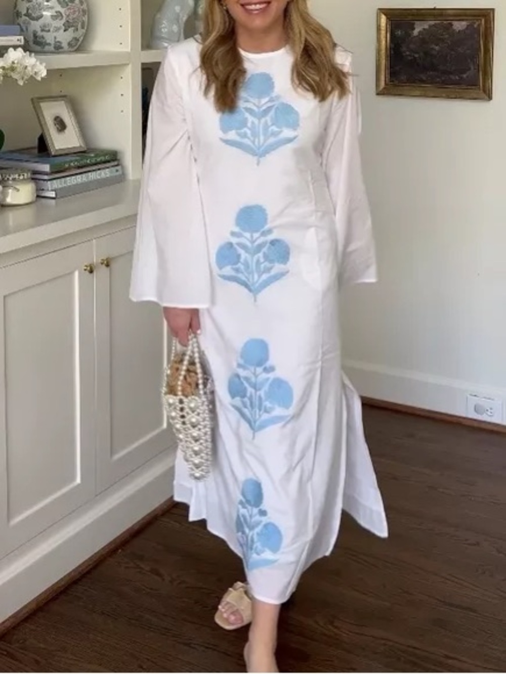Madison Mathews White Cotton Embroidered Caftan - Large